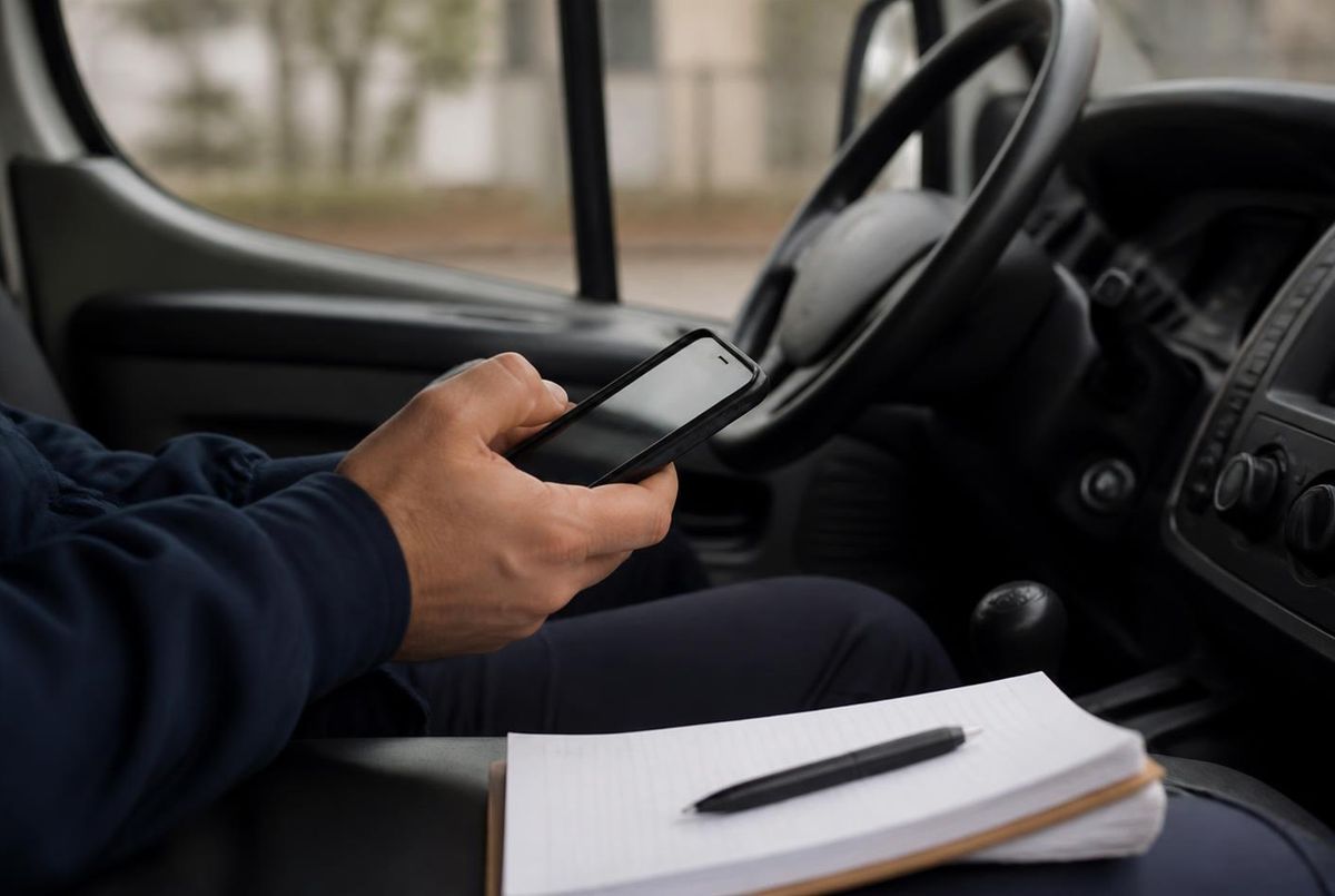 Monteur nimmt im Servicefahrzeug einen Auftrag am Telefon auf