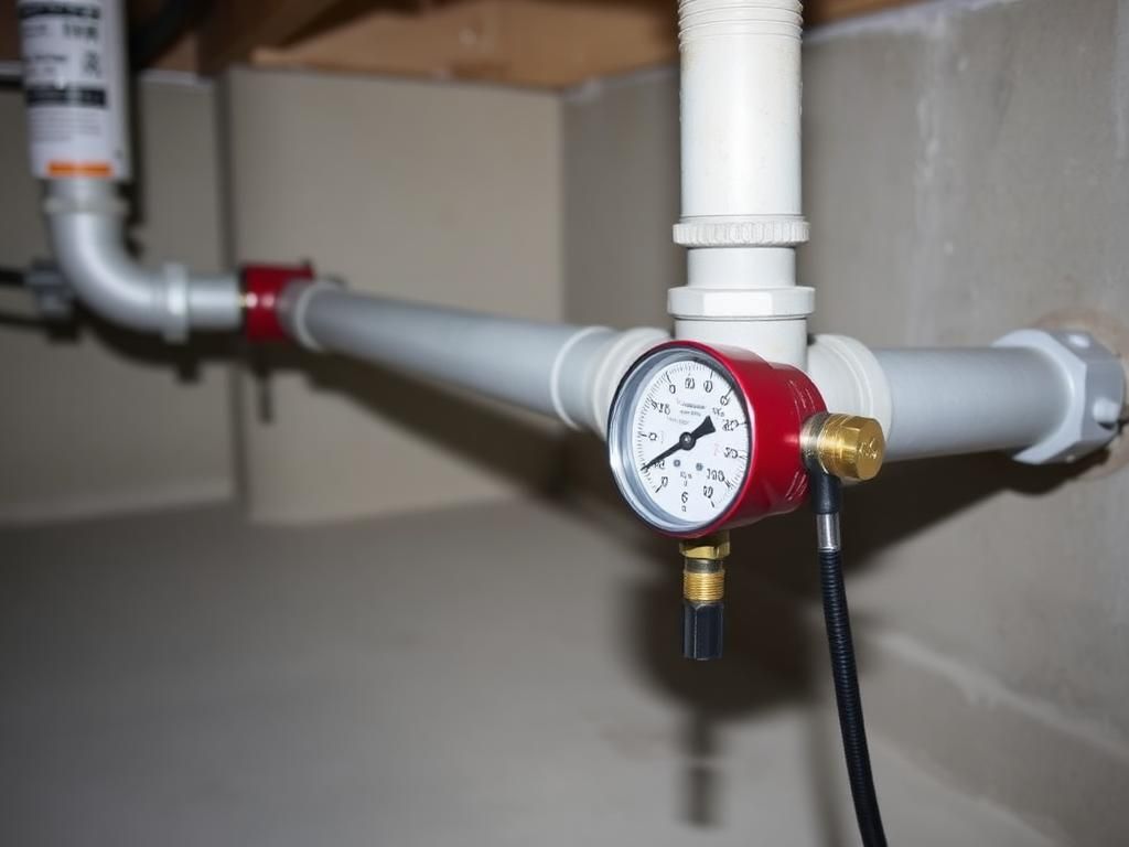 Kellerleitung mit angeschlossenem Prüfgerät und Manometer, der Druck bleibt konstant
