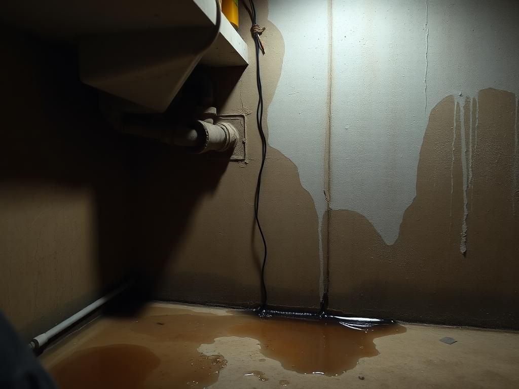 Undichte Rohrverbindung im Keller mit feuchter Wand und Pfütze auf dem Boden