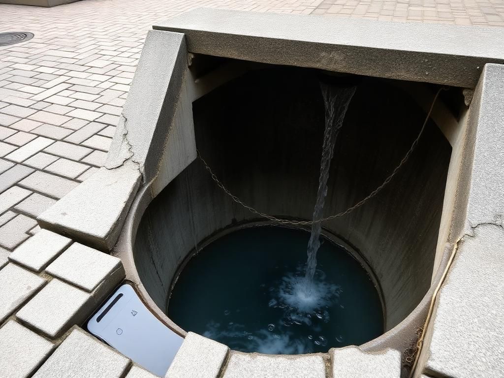 Offener Revisionsschacht nach der Hochdruckspülung, Wasser läuft frei in die Leitung ab