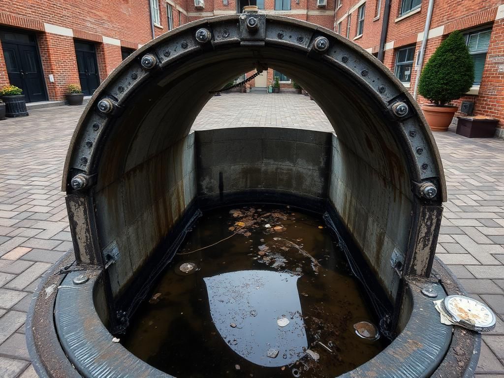 Offener Revisionsschacht im Hof, gefüllt mit angestautem Schmutzwasser und Ablagerungen