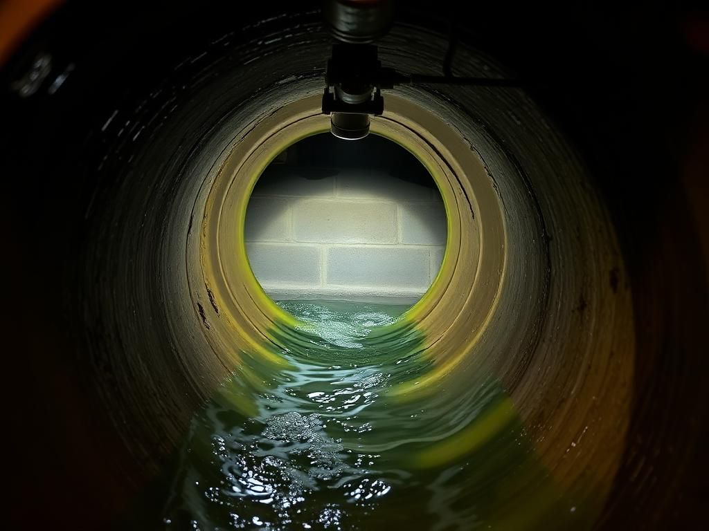 Blick in dieselbe Rohrleitung nach der Reinigung mit freier Rohrwand und ablaufendem Wasser