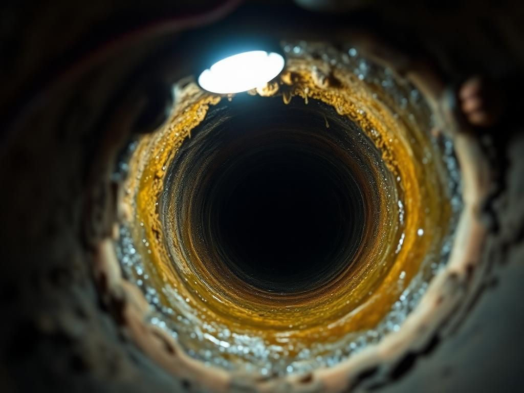 Blick in eine Rohrleitung mit dicken Fett- und Schlammablagerungen an der Rohrwand