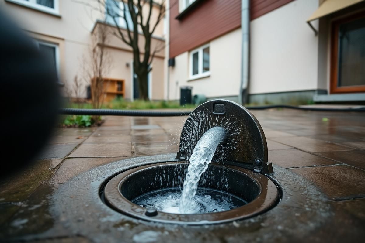 Hochdruckspülung eines Kanalschachts im Innenhof