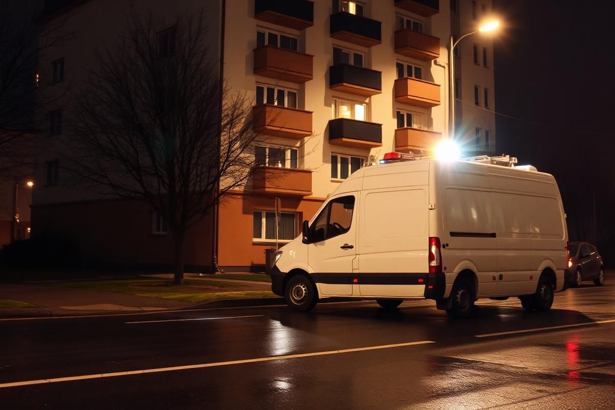 Servicefahrzeug steht nachts vor einem Mehrfamilienhaus